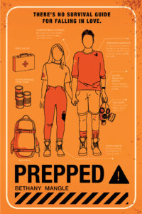 Cover of the book PREPPED with tagline "There's no survival guide for falling in love." A line illustration of a teenage girl and boy holding hands surrounded by survival gear.
